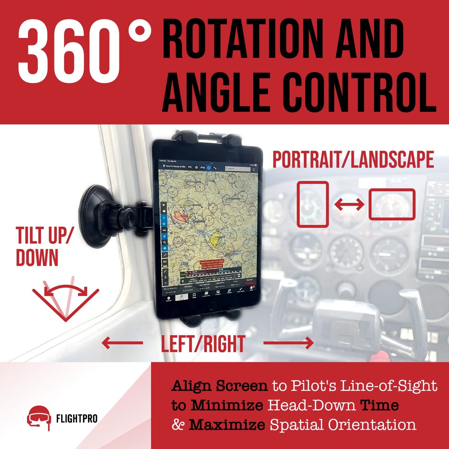 FlightPro ProAviator Suction Cup Mount - Curved Arm - Supports Multi Angle Display - for Pilots, General Aviation