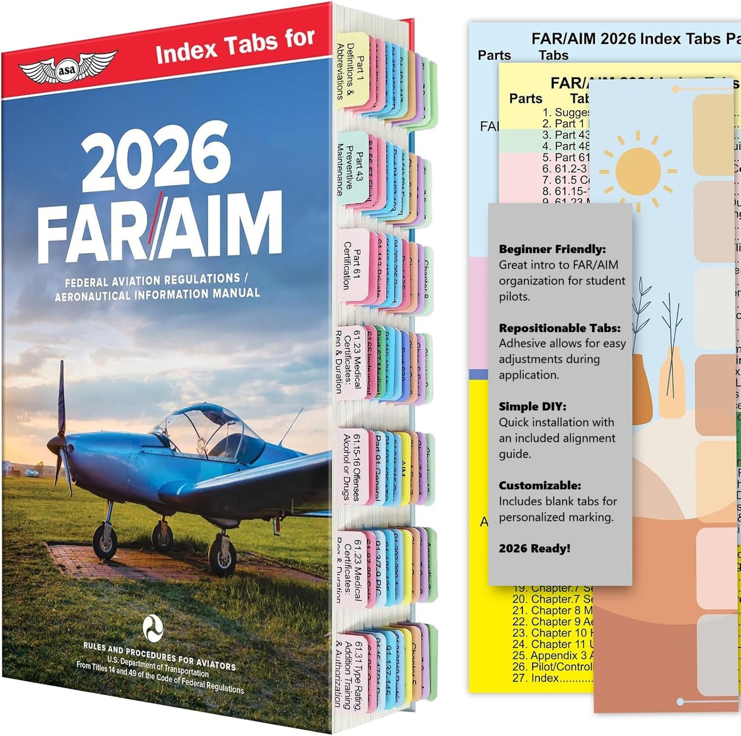 FAR AIM 2026 Index Tabs for private pilots (Book NOT Included, Include 93pcs Tear-Resistant Color-Coded and Laminated Tabs with Bookmark and Placement Template