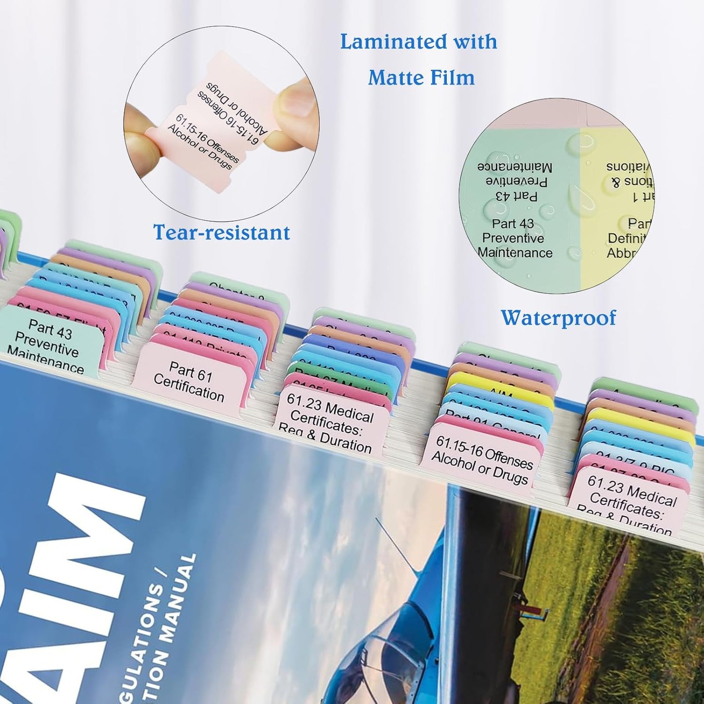 FAR AIM 2026 Index Tabs for private pilots (Book NOT Included, Include 93pcs Tear-Resistant Color-Coded and Laminated Tabs with Bookmark and Placement Template