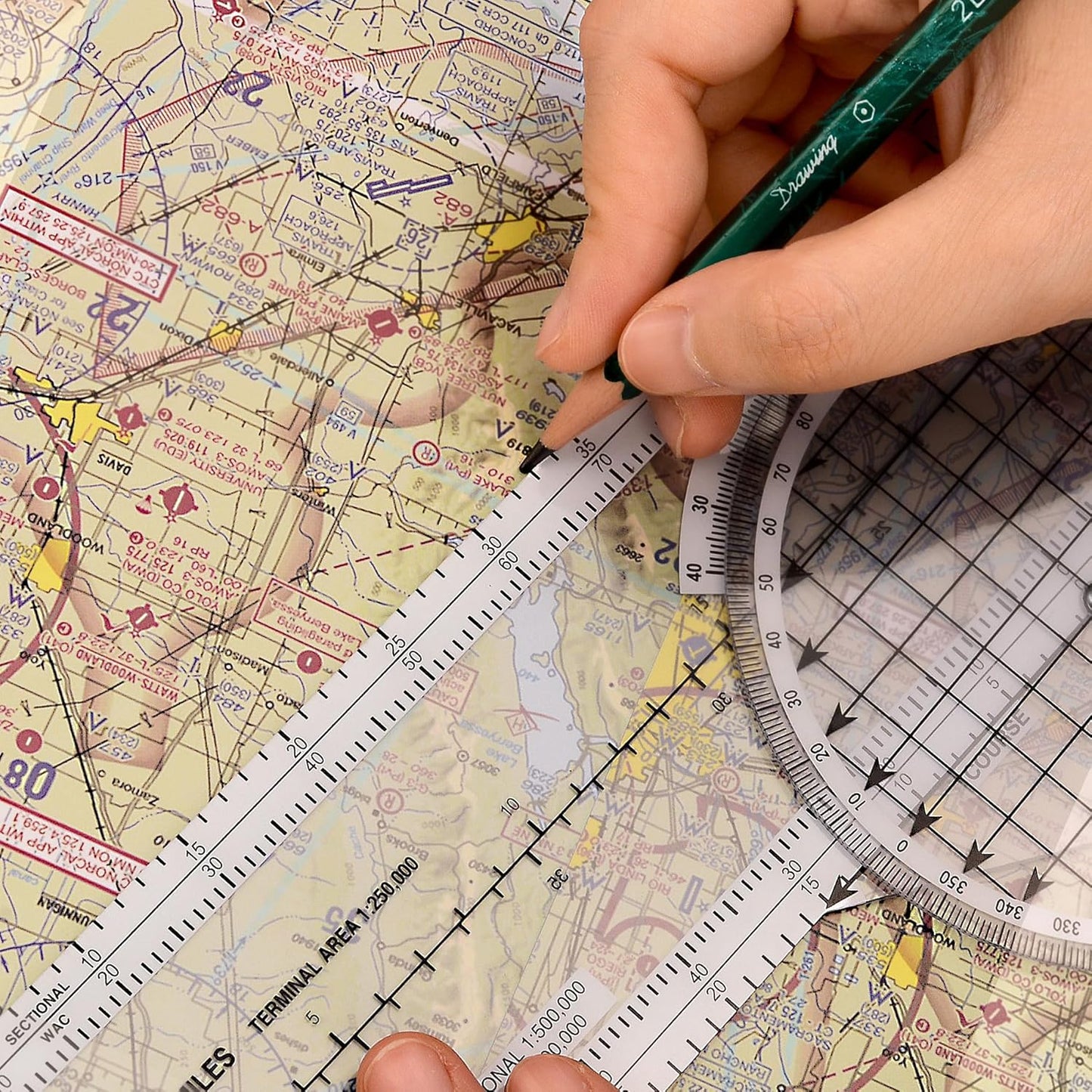 8-Function Aviation Plotter – Rotating Azimuth for Student Pilots & VFR Navigation