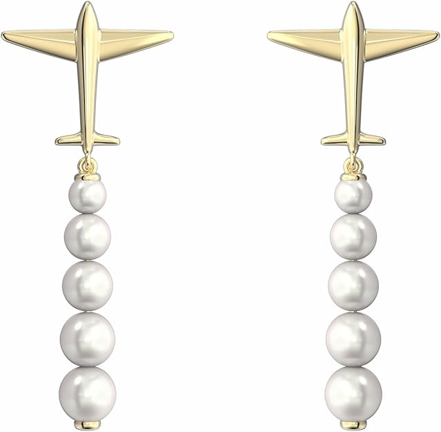 14k Gold-Plated Airplane Dangle Earrings with Pearl Accent – 925 Sterling Silver Posts – Aviation Jewelry Gift for Women & Flight Attendants