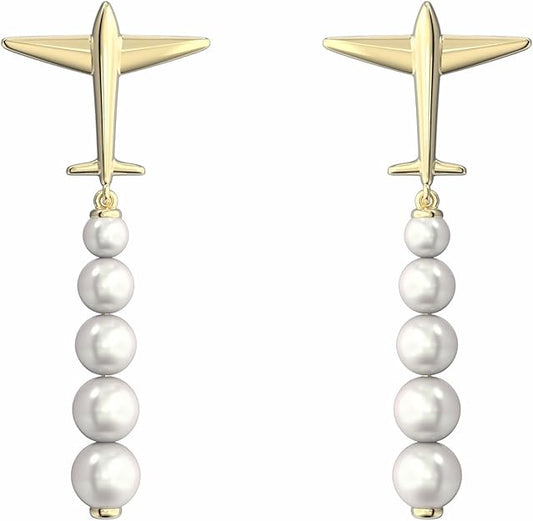 14k Gold-Plated Airplane Dangle Earrings with Pearl Accent – 925 Sterling Silver Posts – Aviation Jewelry Gift for Women & Flight Attendants