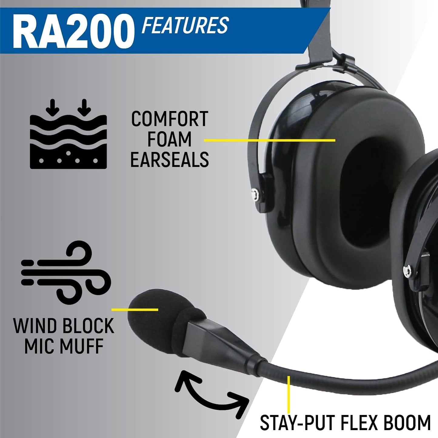 RA200 Aviation Pilot Headset for Student Pilots Flight Schools Flight Instructors Features Clear Hear Speakers Noise Canceling Microphone Foam Ear Seals Custom Fit Headband and Free Headset Bag