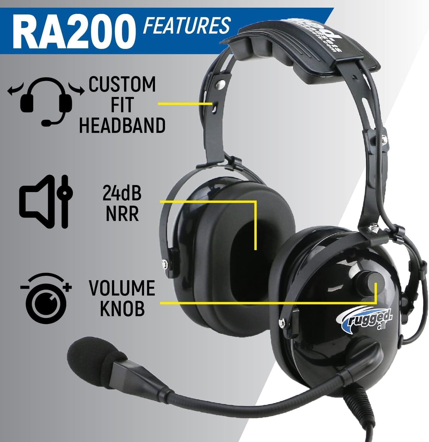 RA200 Aviation Pilot Headset for Student Pilots Flight Schools Flight Instructors Features Clear Hear Speakers Noise Canceling Microphone Foam Ear Seals Custom Fit Headband and Free Headset Bag