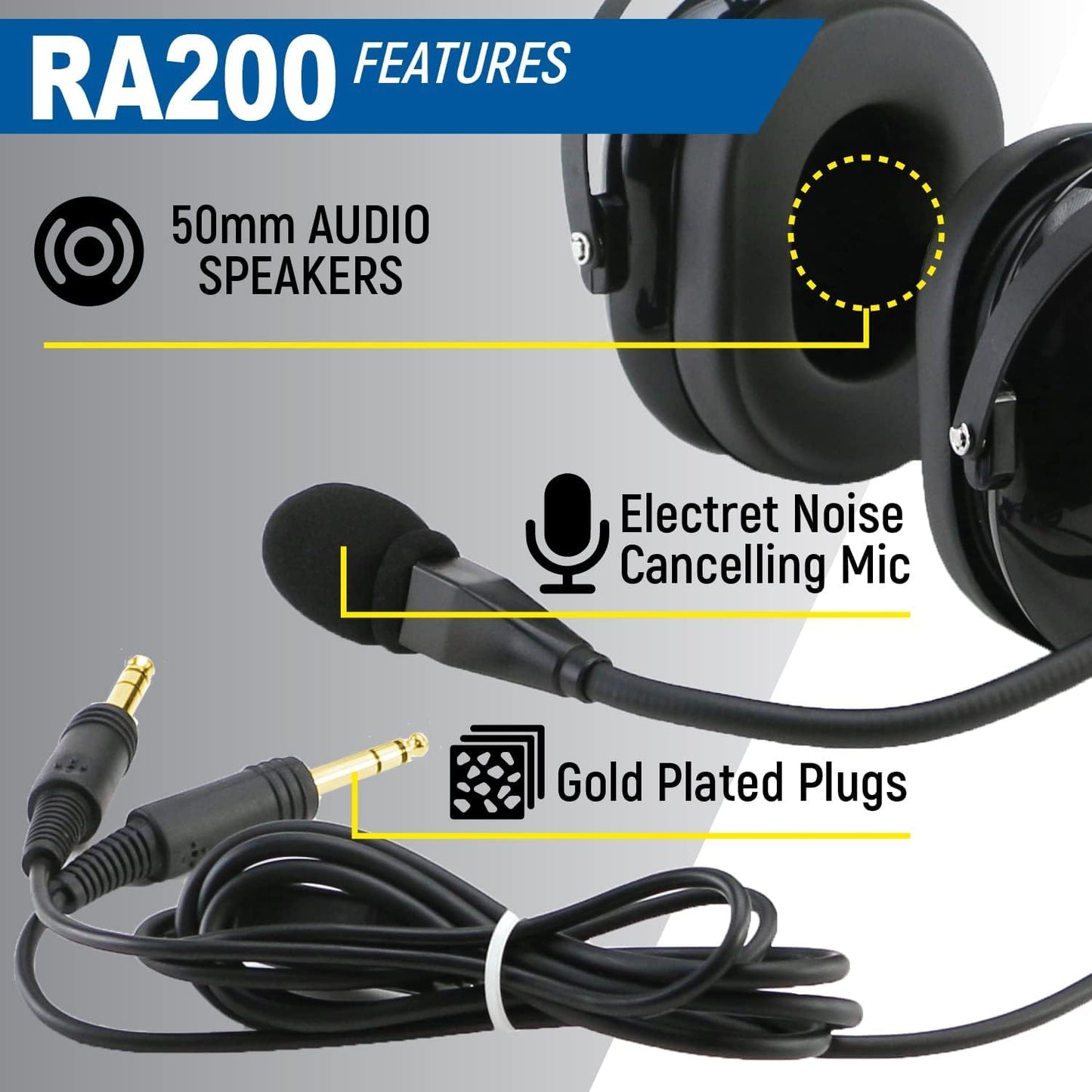 RA200 Aviation Pilot Headset for Student Pilots Flight Schools Flight Instructors Features Clear Hear Speakers Noise Canceling Microphone Foam Ear Seals Custom Fit Headband and Free Headset Bag