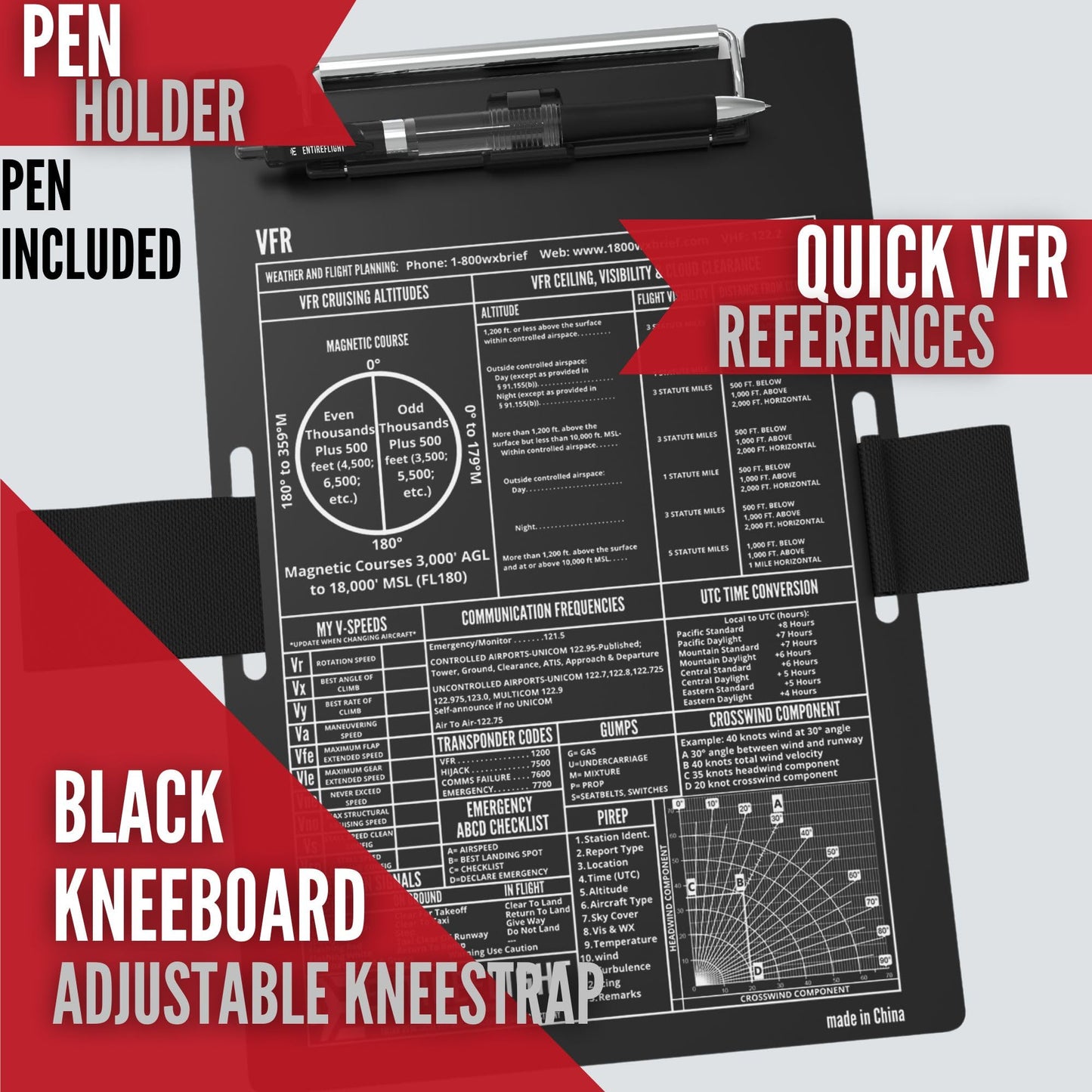 EntireFlight - Aviation Pilot Kneeboard VFR Black with Structured Notepad, Pilot Gear & Flight Bag Accessory, Airplane Grade Aluminum, Elastic Knee Strap & Pen Included for Pilots