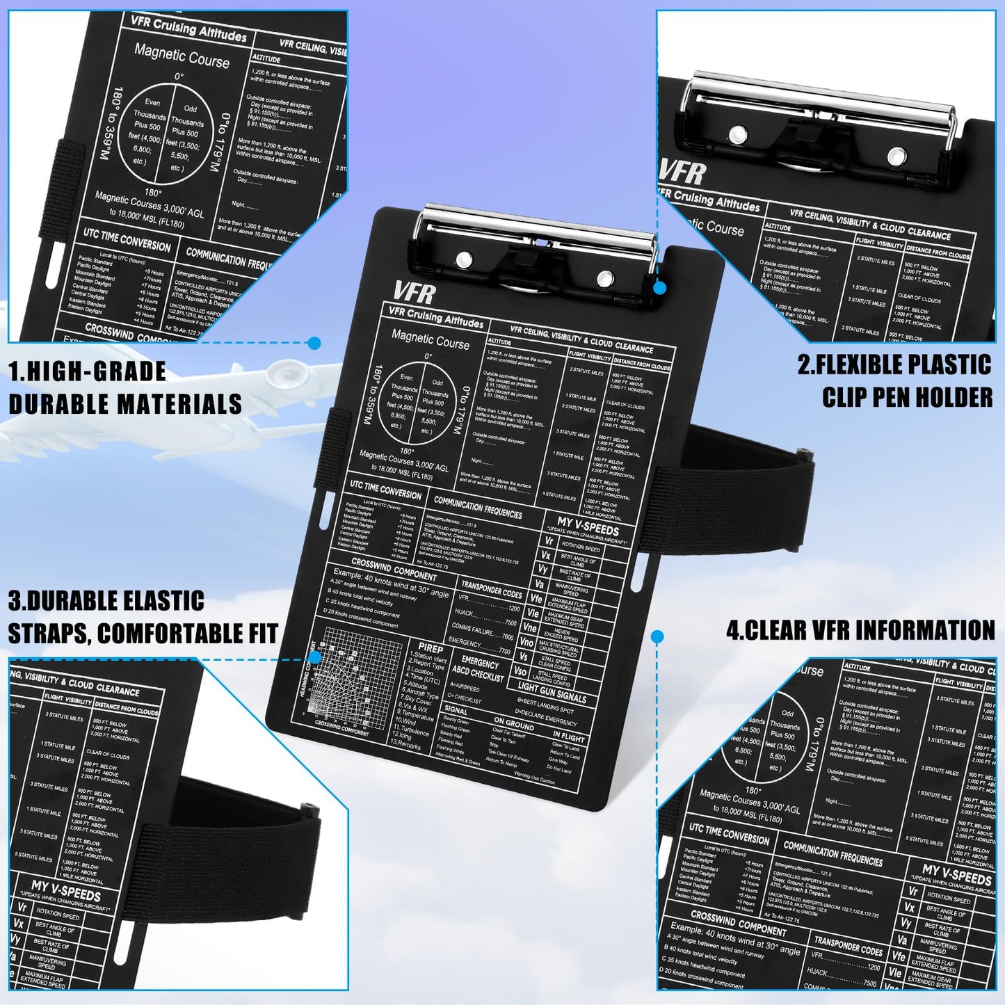 Feifeiya Aluminum Pilot Kneeboard VFR Aviation Kneeboard Knee Boards Pilot Notepad Pilot Writing Board with Pen Holder and Elastic Strap for Pilots Writing Gifts (Black,9.61 x 6.42 Inch)