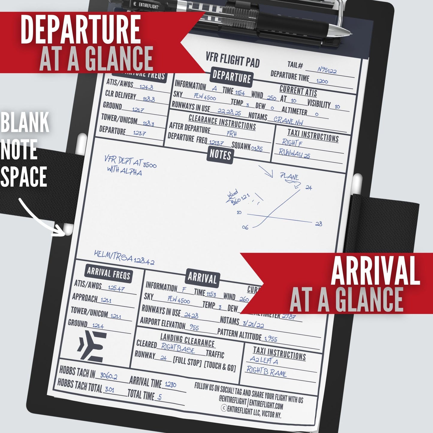 EntireFlight - Aviation Pilot Kneeboard VFR Black with Structured Notepad, Pilot Gear & Flight Bag Accessory, Airplane Grade Aluminum, Elastic Knee Strap & Pen Included for Pilots