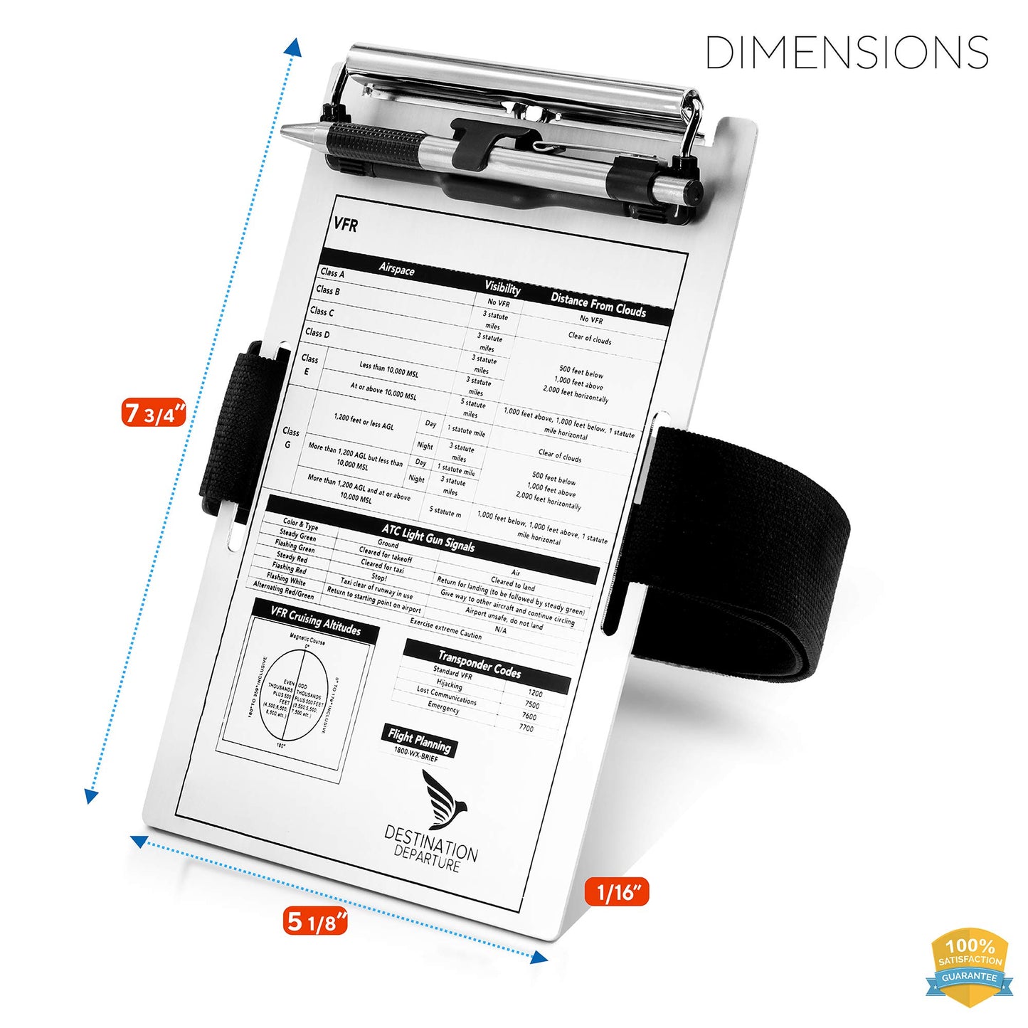 Destination Departure Pilot Kneeboard – Aluminum Pilot Writing Board – 5.5 x 8 Inch Knee Board Clipboard – Metal Clip and Practical Pen Holder – Comfortable Elastic Strap