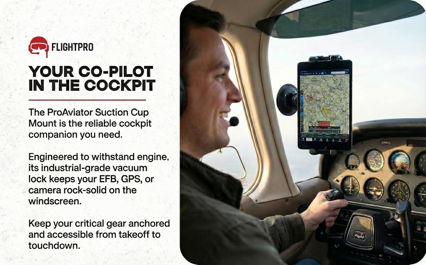 FlightPro ProAviator Suction Cup Mount - Curved Arm - Supports Multi Angle Display - for Pilots, General Aviation