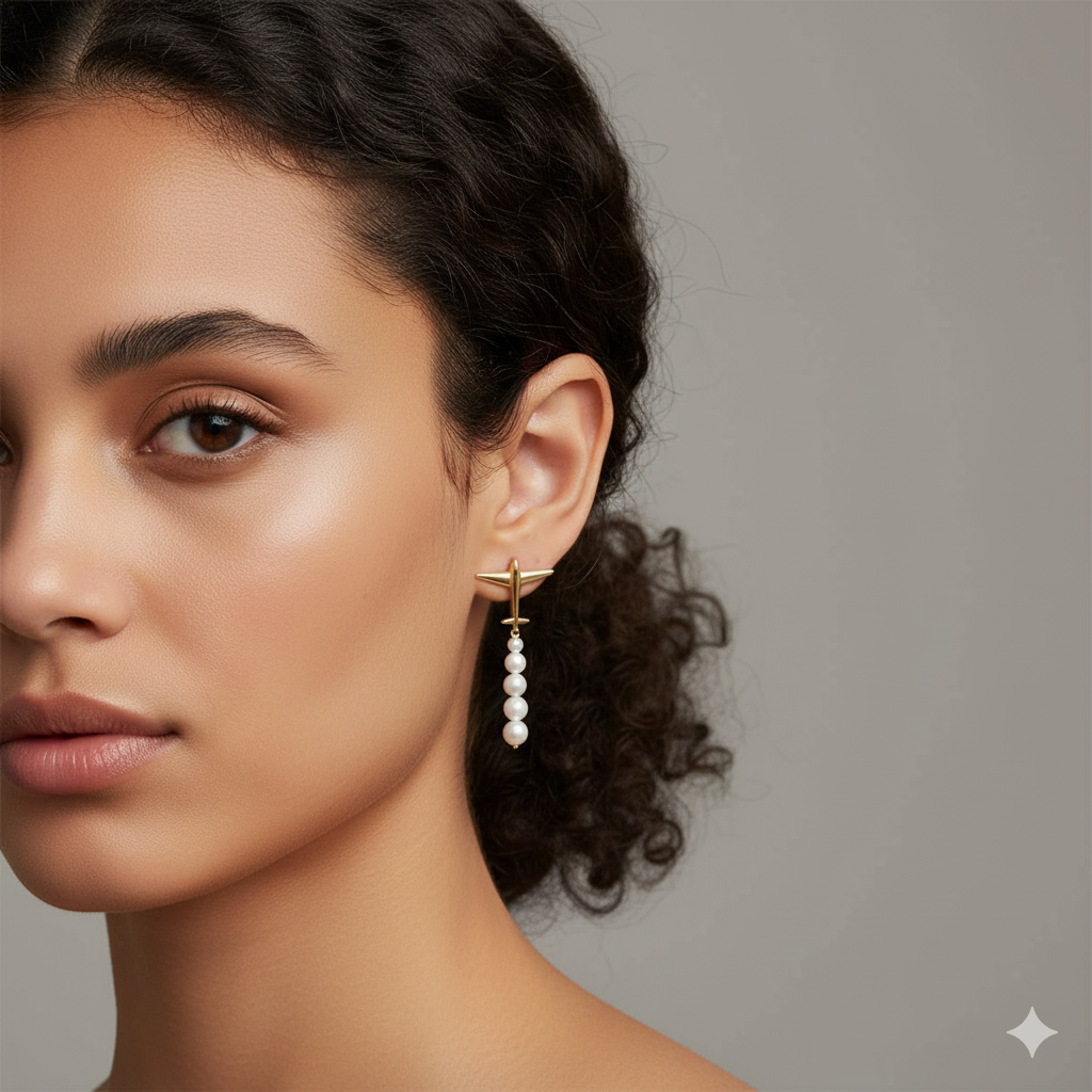 14k Gold-Plated Airplane Dangle Earrings with Pearl Accent – 925 Sterling Silver Posts – Aviation Jewelry Gift for Women & Flight Attendants