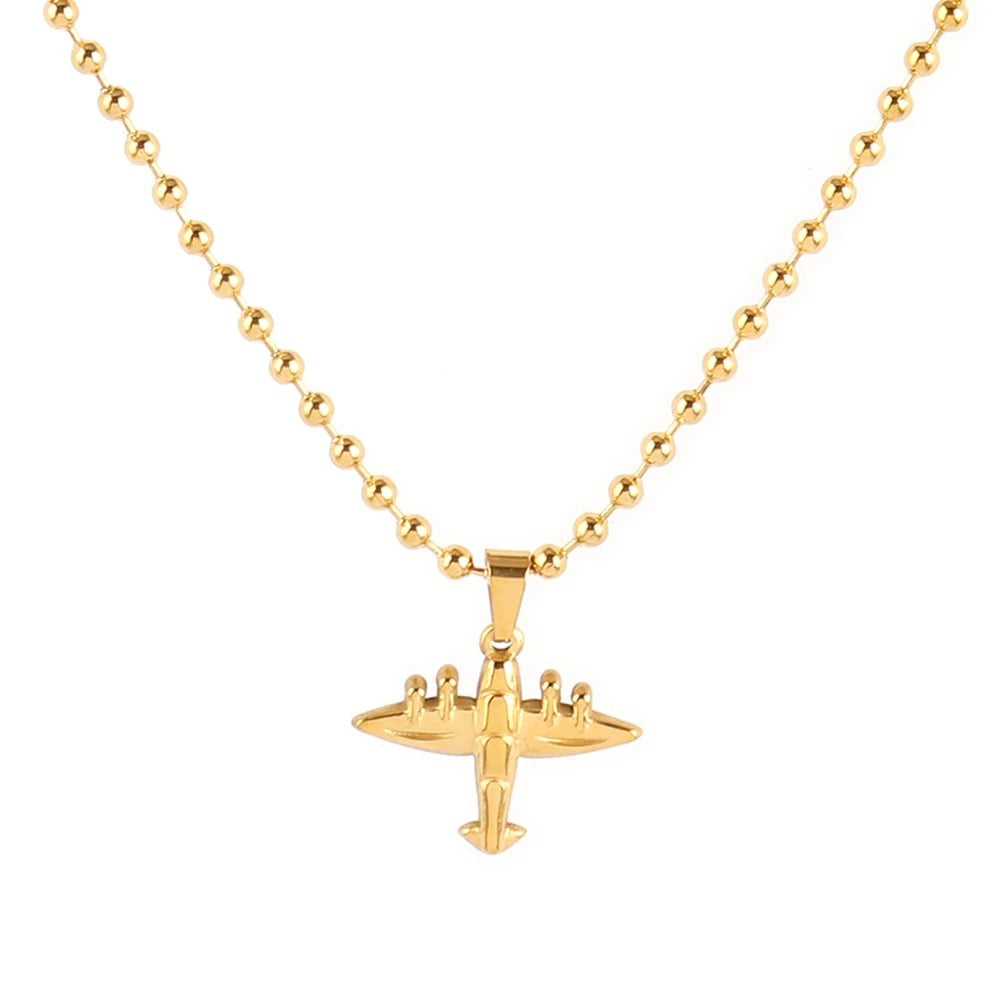 Gold Airplane Pendant Necklace – 316L Stainless Steel Aviation Jewelry